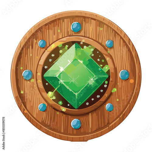 circular wooden shield with central emerald crystal and gold studs for druidic forest protection and defense