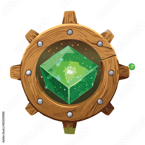 hexagonal green gemstone plaque with a wooden frame and metal rivets for nature magic defensive items