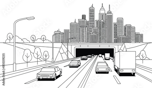 A detailed line drawing depicts a highway leading towards a city skyline showcasing vehicles in motion and an underpass tunnel high quality professional