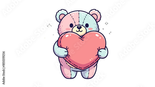 Adorable pink and blue teddy bear holding a big red heart, on an isolated white background.