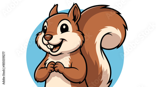 Cheerful cartoon squirrel standing and smiling, with a blue abstract background accent, on an isolated white background.