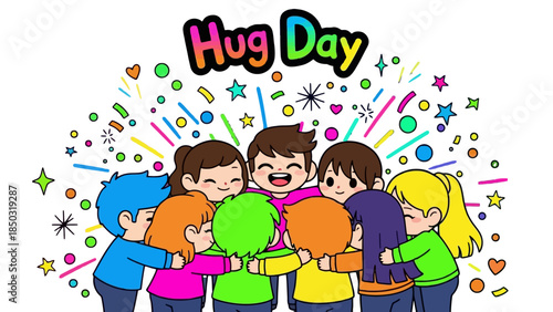 Diverse group of happy children cheerfully hugging together, celebrating Hug Day with colorful confetti and stars on an isolated white background.