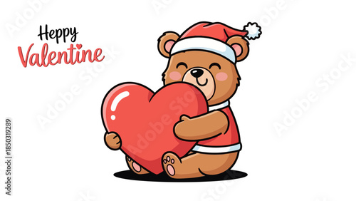 Adorable cartoon teddy bear wearing a Santa hat, lovingly hugging a big red heart, with 'Happy Valentine' text, on an isolated white background.