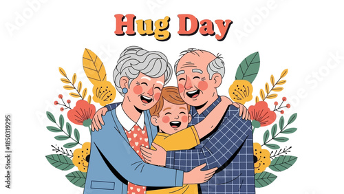 Happy Grandparents and Grandchild Hugging with Joy on Hug Day, Surrounded by Floral Elements, Isolated White Background