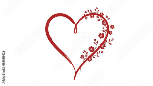 Ornate Red Heart Outline Decorated with Elegant Floral Vines on Isolated White Background