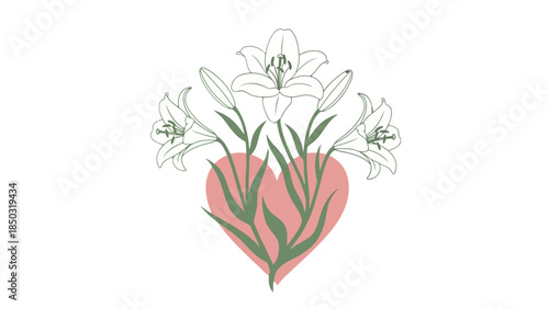 Elegant Heart Shape Filled with White Lilies and Green Leaves on Isolated White Background