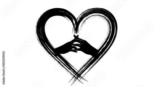Abstract Heart Shape Formed by Two Embracing Hands in Black Ink Style on Isolated White Background