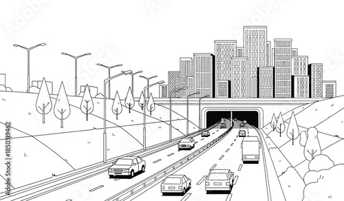 a detailed line art illustration showcases a highway tunnel entrance leading into a bustling cityscape with multiple vehicles traveling on the roadway