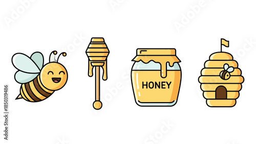 Group of honey themed icons including a cute bee, dipper, honey jar, and beehive, isolated white background.