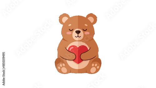 Cute brown teddy bear with eyes closed, peacefully holding a red heart, isolated white background, sweet emotion.