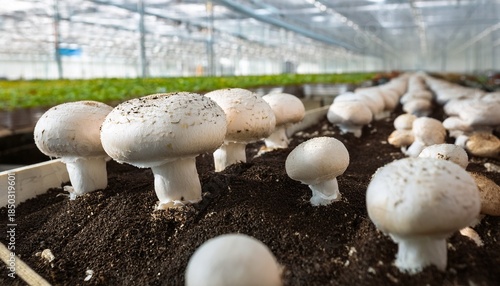 Champignons Growing In A Greenhouse For Mushrooms Close Up