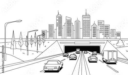 A detailed black and white illustration depicts a bustling cityscape with modern skyscrapers a highway and a tunnel entrance showcasing urban infrastructure