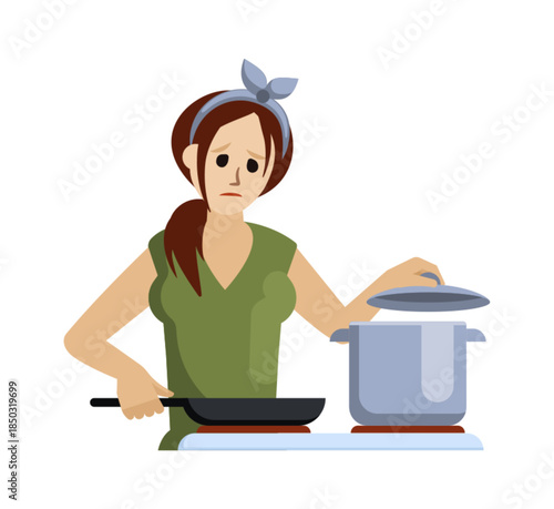 tired household girl. woman sorting laundry, girl loaded with household duties, washing dishes, doing housework. vector cartoon concept illustration.