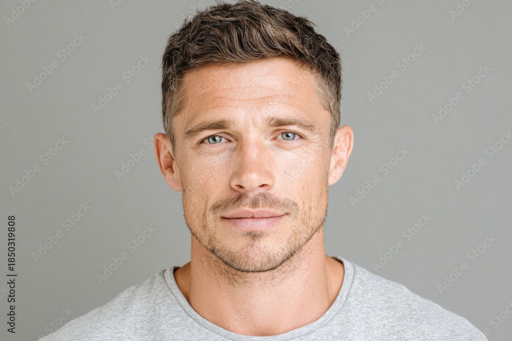 Fototapeta premium Frontal portrait of a handsome man with short hair and blue eyes, wearing a gray t-shirt, against a neutral background, showcasing confidence and approachability with copy space
