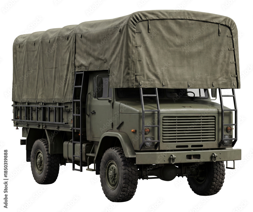 Obraz premium Robust military medevac vehicle featuring a canvas cover and side ladders.