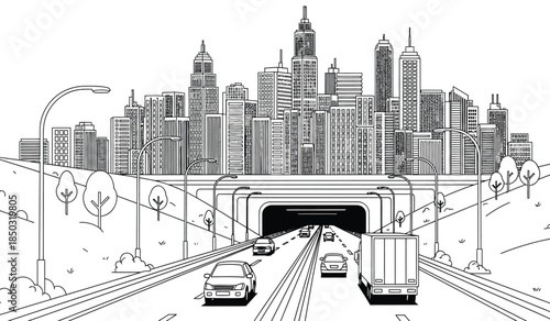 a detailed black and white illustration depicts a bustling cityscape with tall skyscrapers a highway tunnel and vehicles in motion high quality professional
