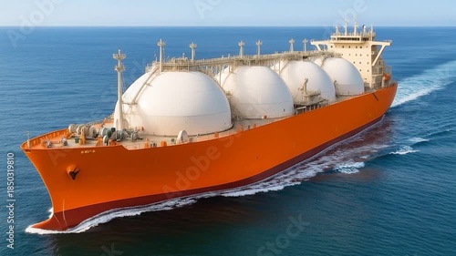 Aerial view of Liquified Natural Gas LNG transport vessel ship on the ocean.
