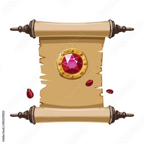 Royal parchment scroll adorned with large red ruby gemstone and scattered flower petals for fantasy wedding or quest Vector Illustration