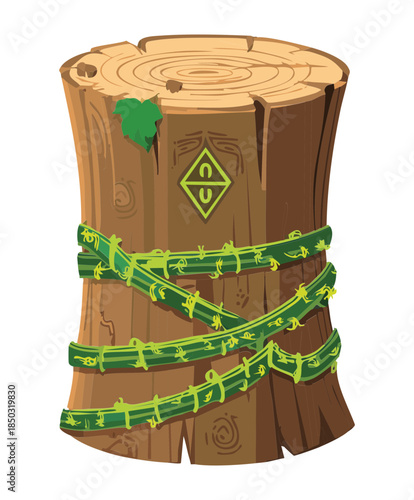 Sacred forest totem with lush green foliage wrap and mysterious triangle rune for enchanted woodland fantasy world building Vector Illustration