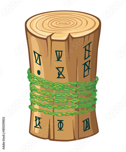 Ancient wooden log pillar with glowing green vines and carved runic symbols for fantasy dungeon or ritual site Vector Illustration