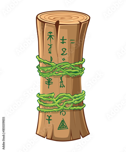 Tall wooden totem pole with green vine wrapping and mystical runic inscriptions for tribal fantasy forest environment Vector Illustration