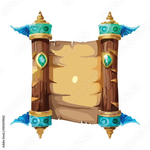 Majestic wood frame scroll with blue feather wings and empty parchment for fantasy game announcements and quest logs Vector Illustration