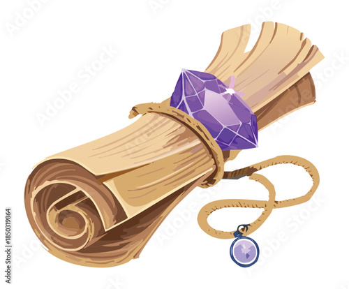 Rolled fantasy scroll with glowing purple gemstone charm and rustic rope binding for magical quest rewards and loot Vector Illustration