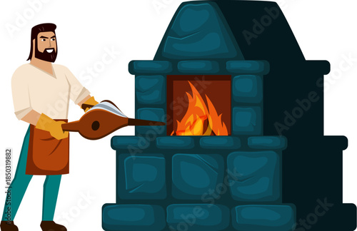 blacksmith. working with hot metal and chimney, cartoon farrier character in apron, smith in forge. vector cartoon graphics.