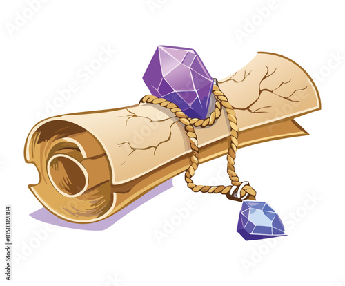Weathered parchment roll bound with purple magic crystal gemstone and rope for fantasy alchemy or spellbook concept Vector Illustration