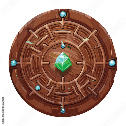 circular wooden maze map with central glowing green gemstone and blue jewel accents for adventure game assets