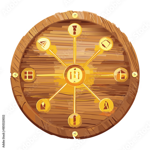 Ancient wooden circular wheel with golden runes and magic symbols for fantasy rpg mystery puzzle or alchemy interface