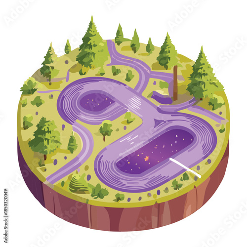 isometric landscape of magical purple lake and forest paths for fantasy game world environment design and adventure quest map