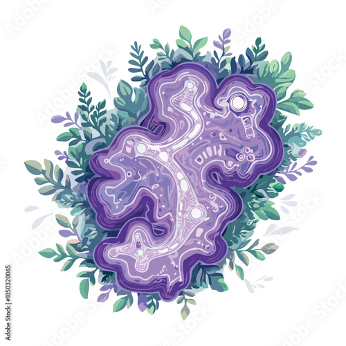 abstract purple glowing magical map surrounded by botanical leaves for fantasy mystical exploration and nature based spell caster quest