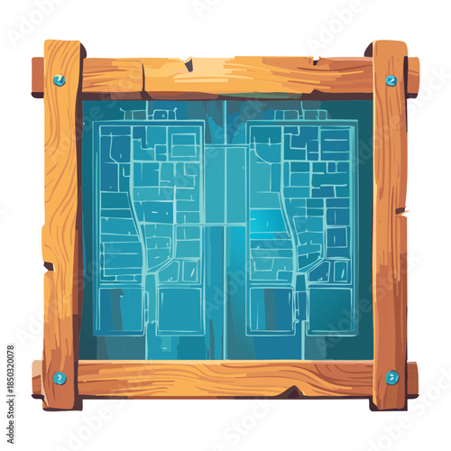 architectural technical blueprint of building floor plan inside rustic wooden frame for modern engineering design and construction planning project
