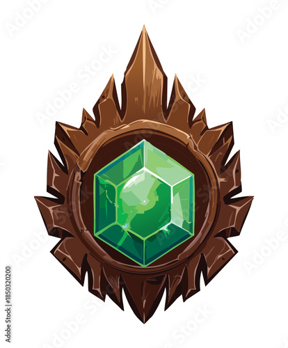 mystical green crystal gem embedded in dark jagged wooden frame for fantasy magical item or forest protection emblem