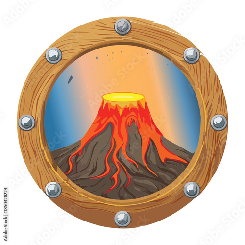 Active volcano mountain with flowing lava viewed through circular wooden frame with metal rivets for fantasy world navigation
