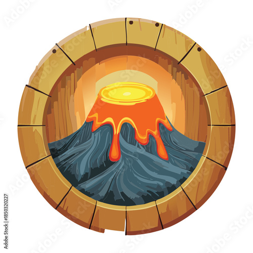 Erupting volcano with orange lava flow inside simple rustic wooden circular frame for adventure game level selection icon