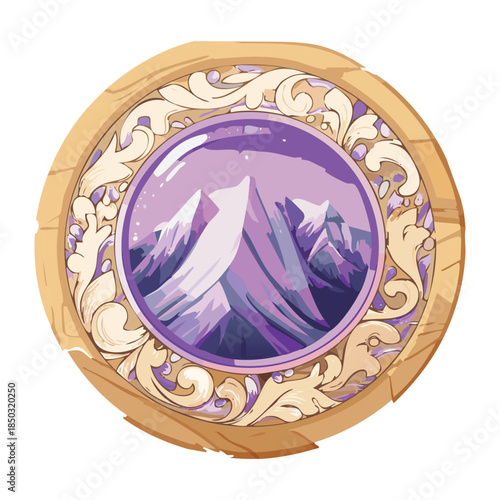 High altitude purple mountain peak illustration inside decorative circular stone carved frame for mythical fantasy game world map