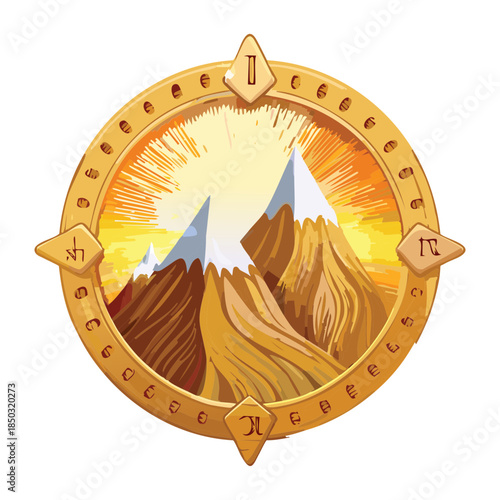 Sunlit mountain range with ancient symbols inside golden circular frame for mythical fantasy game navigation icon