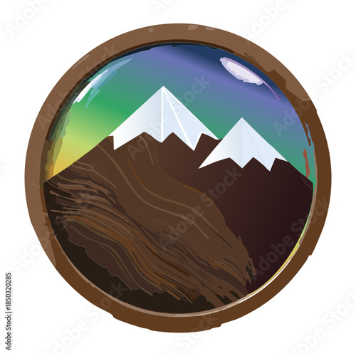 Snowy mountain landscape at night with aurora lights inside round wooden frame for winter adventure game level