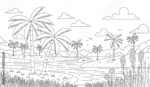 A serene tropical landscape features palm trees fluffy clouds curving shoreline and gentle waves presenting a relaxing island scene for coloring high quality
