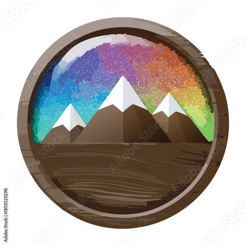 High altitude snowy mountain peaks under starry night sky inside simple round wooden frame for nature landscape