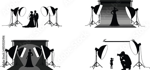 Photography studio silhouettes set with professional lighting, fashion model and photographer, photoshoot scenes, creative portrait production illustration