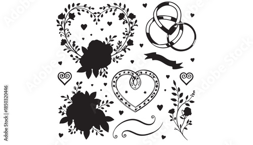 Vector illustration of a girl silhouette with a floral fan and playing cards featuring black ink grunge splatters, paint stains, and nature ornament patterns