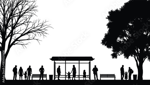 Public park family life silhouette illustration, people walking children trees benches pavilion outdoor urban recreation black vector scene