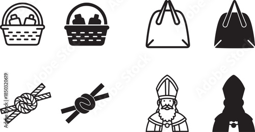 Various icons including baskets bags knots and a bishop