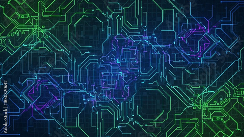 AIzaSyBIoNEMxfjvG6ihdwKfAeHDb5xZGyZi2eU Abstract digital circuit board pattern glowing neon lines on a dark background representing technology and data f