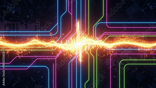 AIzaSyBIoNEMxfjvG6ihdwKfAeHDb5xZGyZi2eU Abstract digital network with glowing neon lines and energy pulse representing data flow and technology futuristi