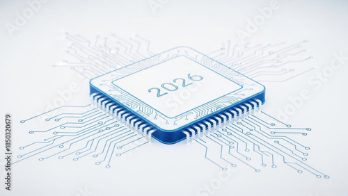 AIzaSyBIoNEMxfjvG6ihdwKfAeHDb5xZGyZi2eU Futuristic microchip with the year 2026 displayed representing advanced technology and future innovation isolated