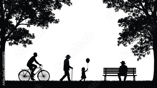 Public park life silhouette illustration, cyclist elderly man child balloon bench trees outdoor urban recreation black vector scene